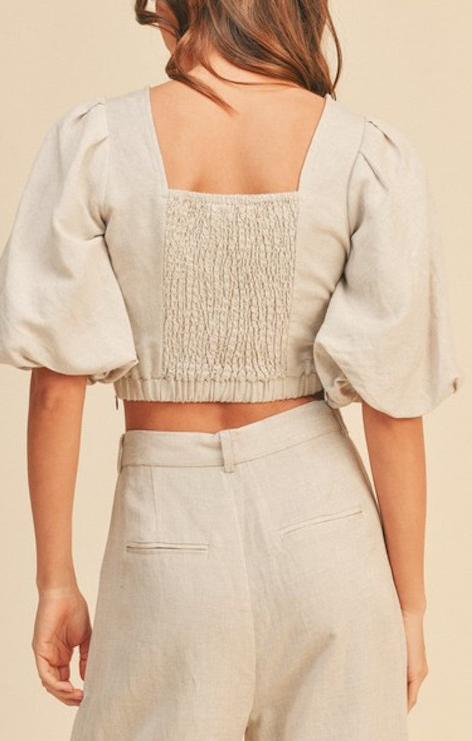 Marilyn Oatmeal Puff Sleeve Crop Top