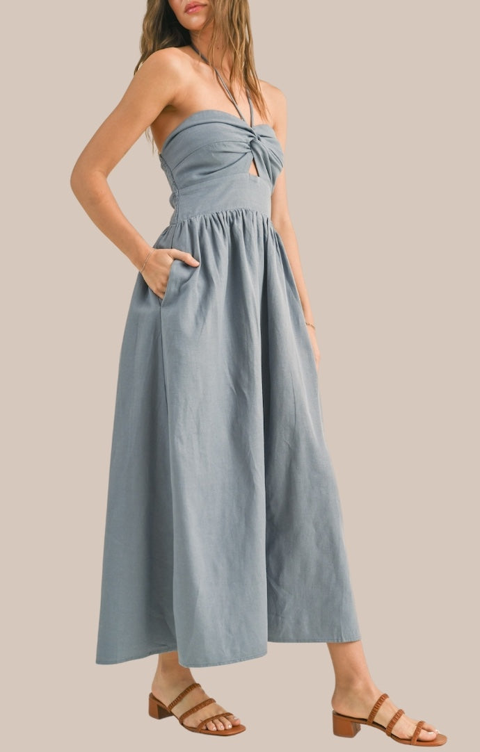 Miou Muse Blue Linen Knotted Halter Neck Sleeveless Midi Dress