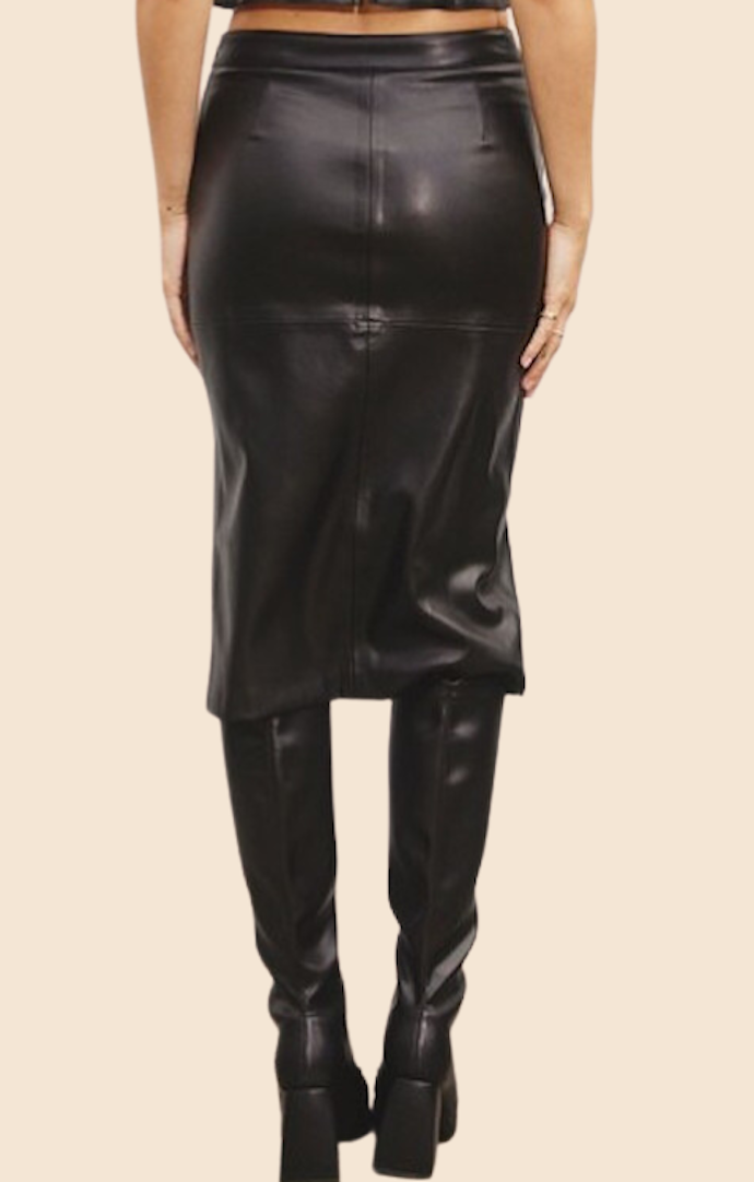 Dress Forum Black Faux Leather Slit Midi Skirt