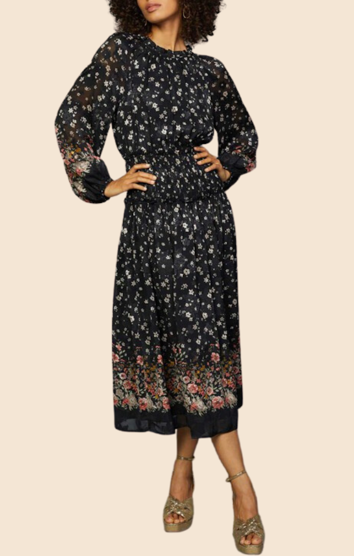 Current Air Black Floral Long Sleeve Round Neck Midi Dress