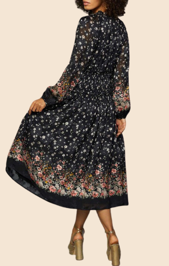 Current Air Black Floral Long Sleeve Round Neck Midi Dress