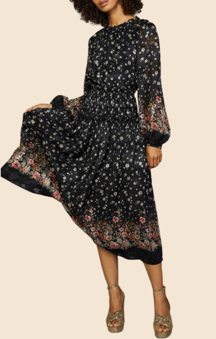 Current Air Black Floral Long Sleeve Round Neck Midi Dress