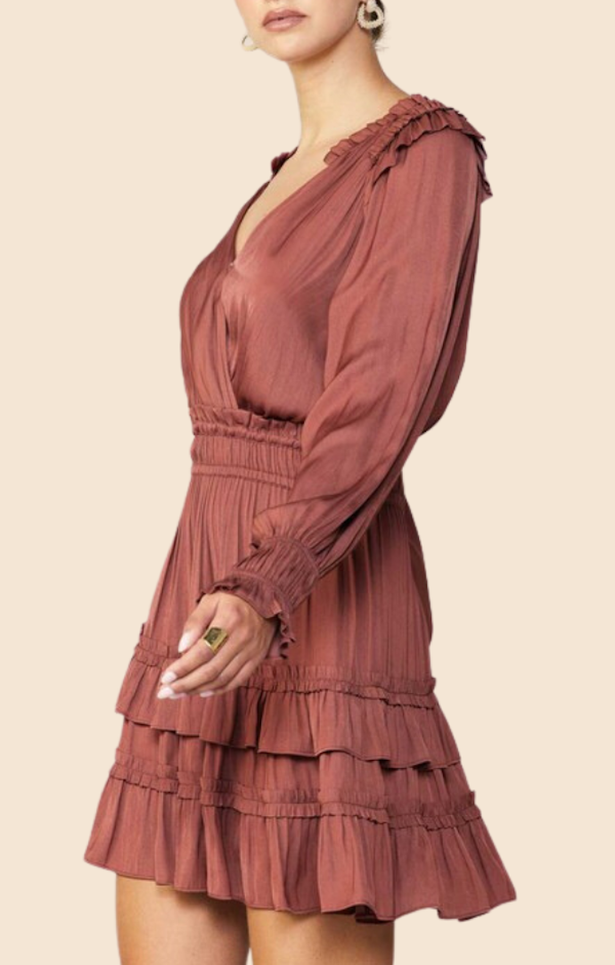 Current Air Rust Long Sleeve Ruffled Mini Dress
