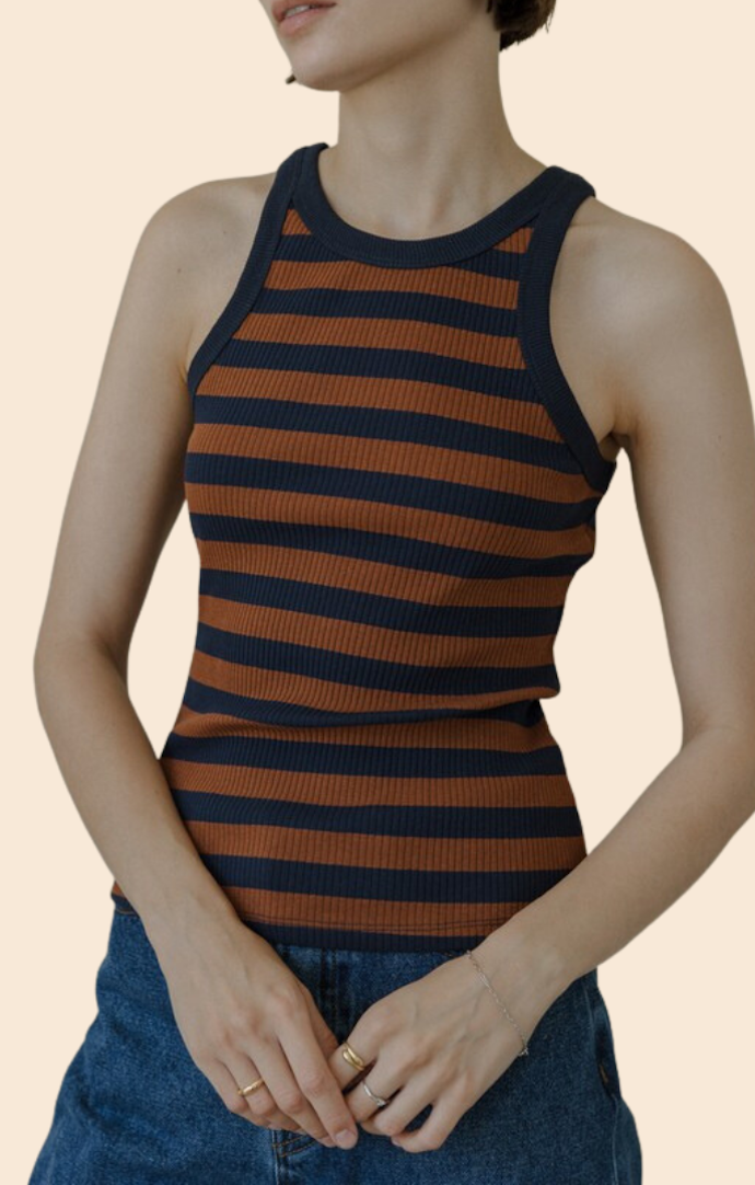 Mod Ref Navy and Brown Striped Ribbed Tank Top