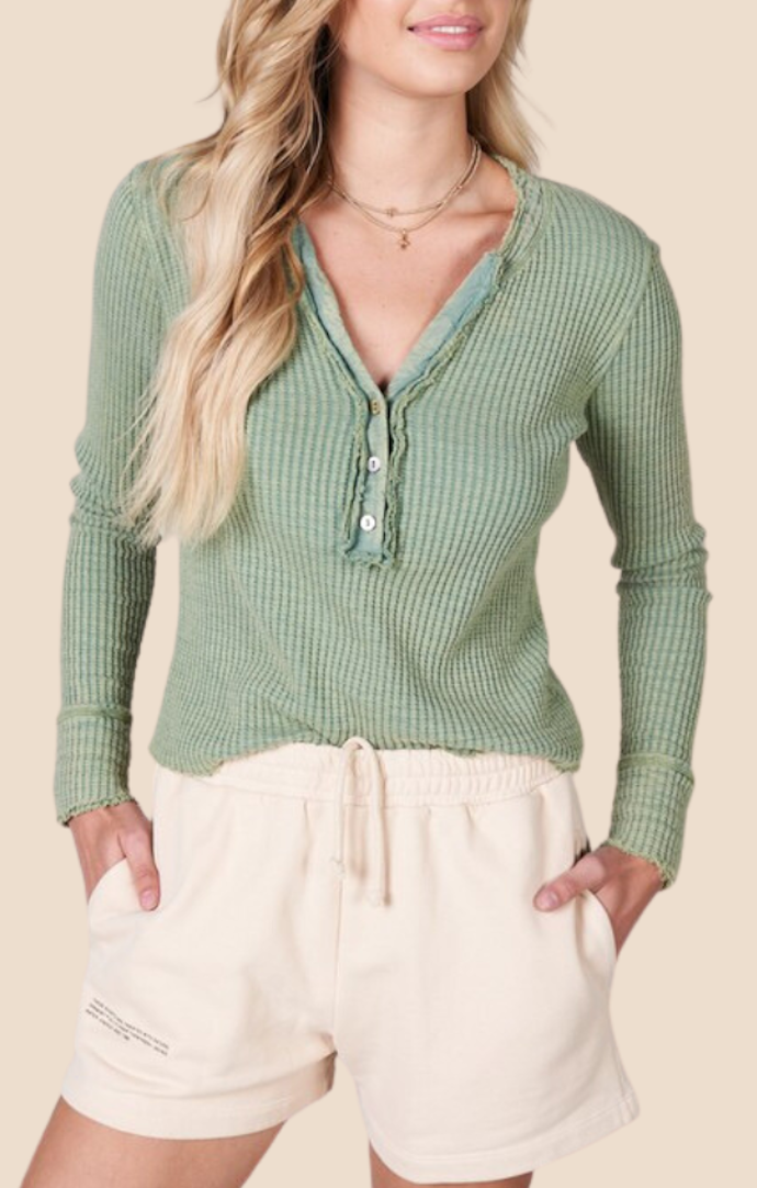 LB Olive Waffle Long Sleeve Henley Top