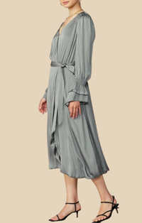 Current Air Moss Grey Silky Wrap Midi Dress