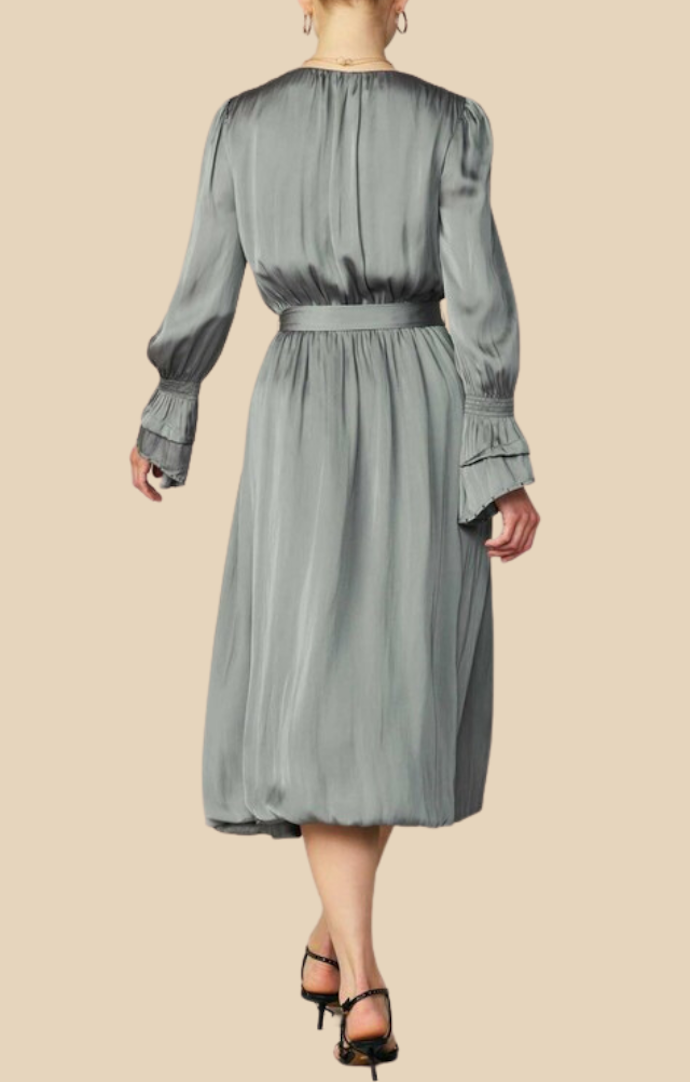 Current Air Moss Grey Silky Wrap Midi Dress