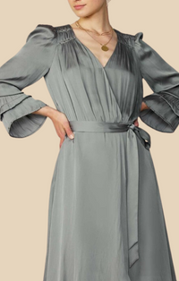 Current Air Moss Grey Silky Wrap Midi Dress