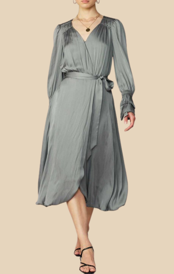 Current Air Moss Grey Silky Wrap Midi Dress