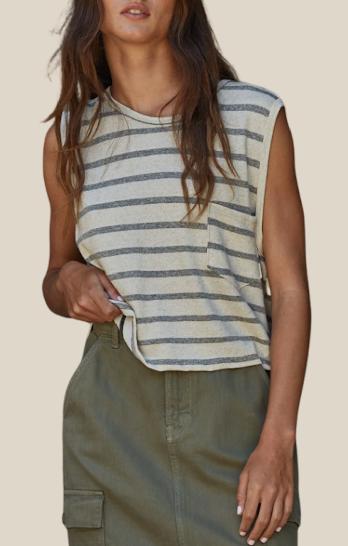 By Together Linen Black Round Neck Striped Tank Top