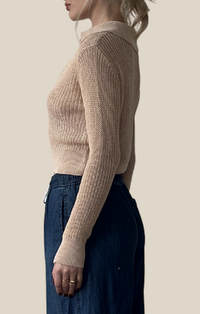 Creamon Beige Collar Crochet Knit Long Sleeve Top