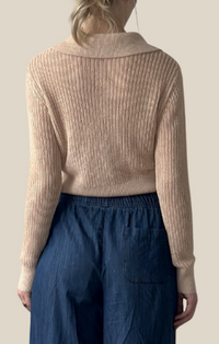 Creamon Beige Collar Crochet Knit Long Sleeve Top