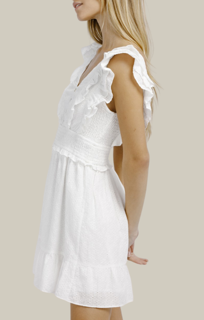 Storia White Eyelet Fluttered Mini Dress