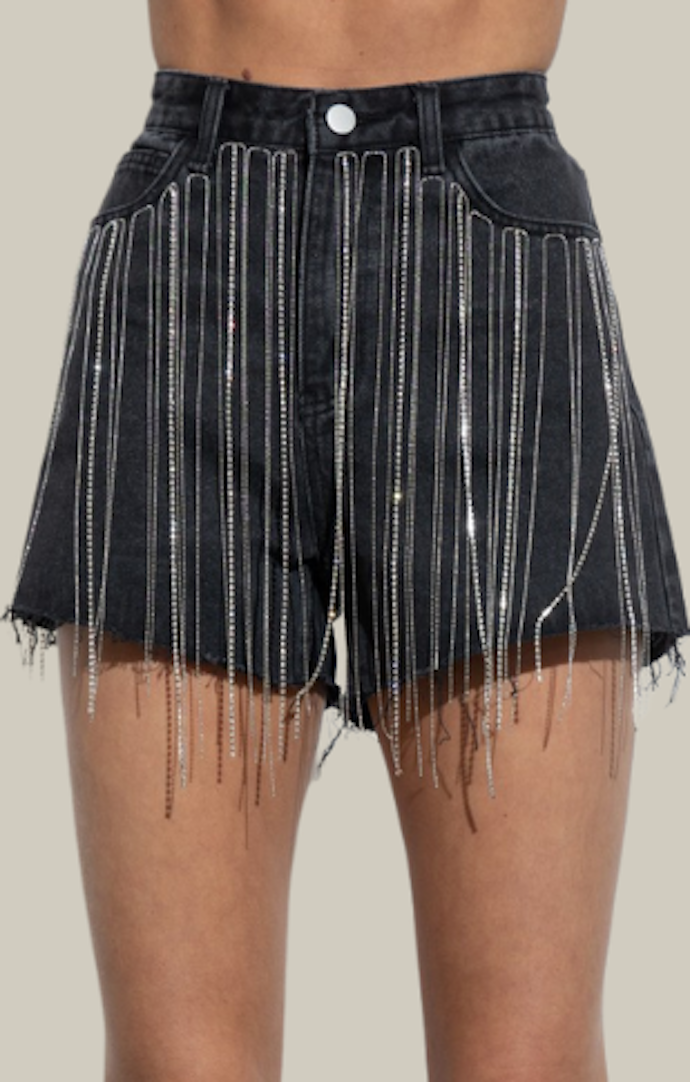 BB Charcoal Rhinestone Tassel Denim Shorts