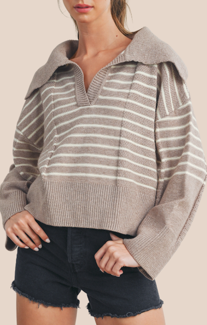 Buttermelon Taupe/Ivory Striped V-Neck Sweater