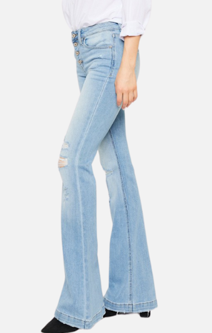 Kancan Medium Denim Mid Rise Button Up Distressed Flare Jeans