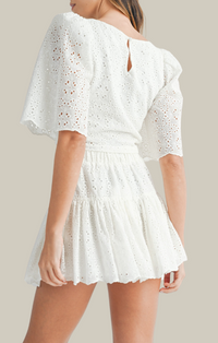 Mable Off White Eyelet Lace Puff Sleeve Crop Top And Mini Skirt Set