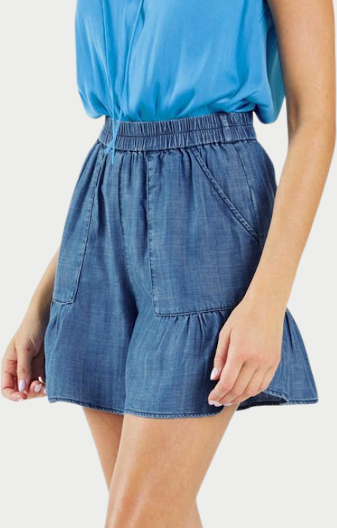 Current Air Chambray Elastic Waist Tiered Shorts