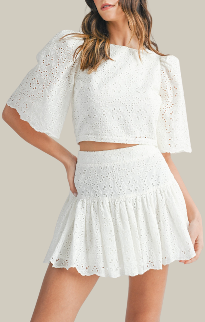 Mable Off White Eyelet Lace Puff Sleeve Crop Top And Mini Skirt Set