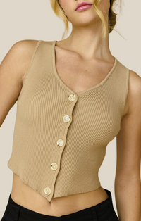 Papermoon Taupe Button Front Sleeveless Knit Crop Top