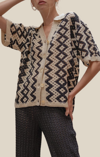 Ila Illa Black/Natural Crochet Knit Button Front Short Sleeve Top
