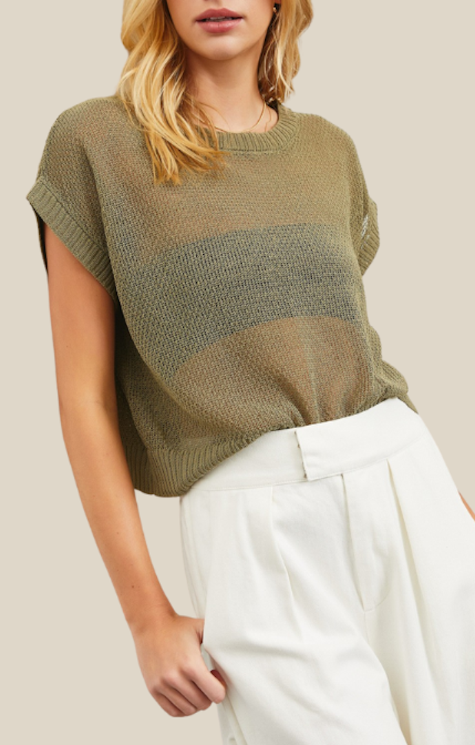 Mustard Seed Ash Olive Short Sleeve Knit Sweater Top