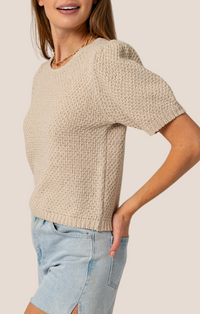 Gilli Oatmeal Puff Sleeve Round Neck Sweater Top