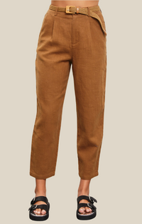 Mustard Seed Argan Oil Belted Elastic Woven Trousers