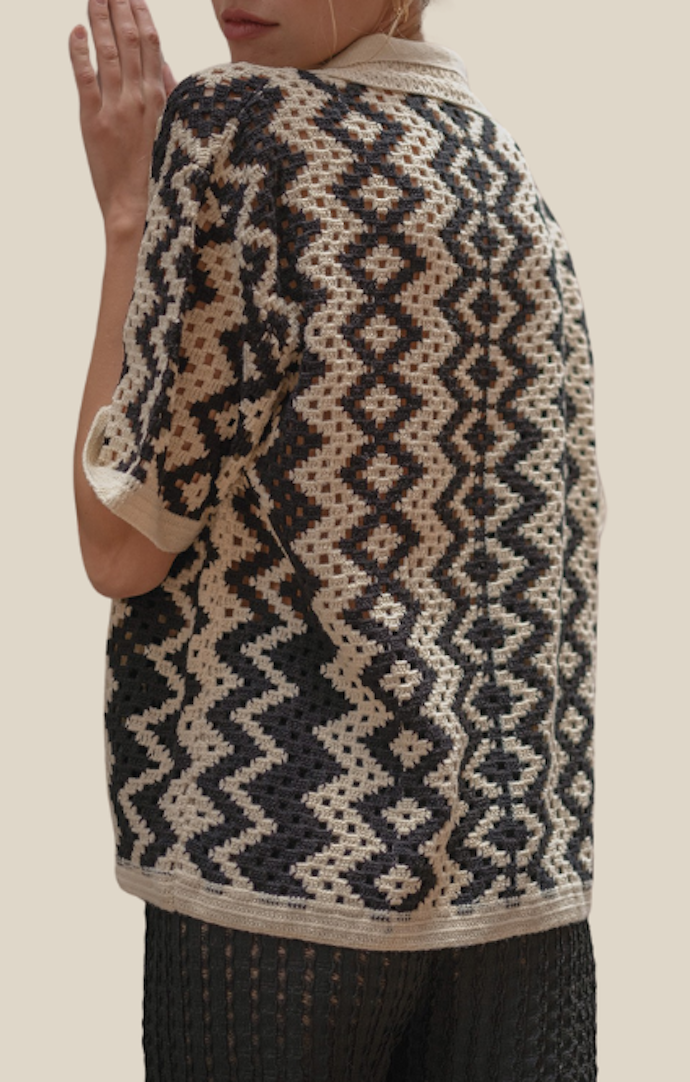 Ila Illa Black/Natural Crochet Knit Button Front Short Sleeve Top