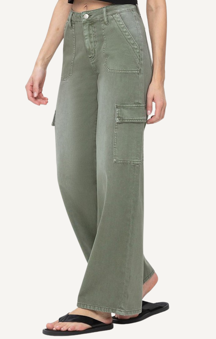 Vervet Army Green Cargo Pocket Wide Leg Jeans