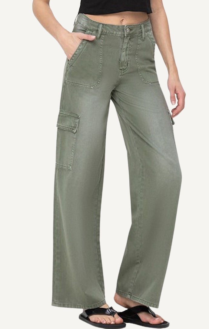 Vervet Army Green Cargo Pocket Wide Leg Jeans