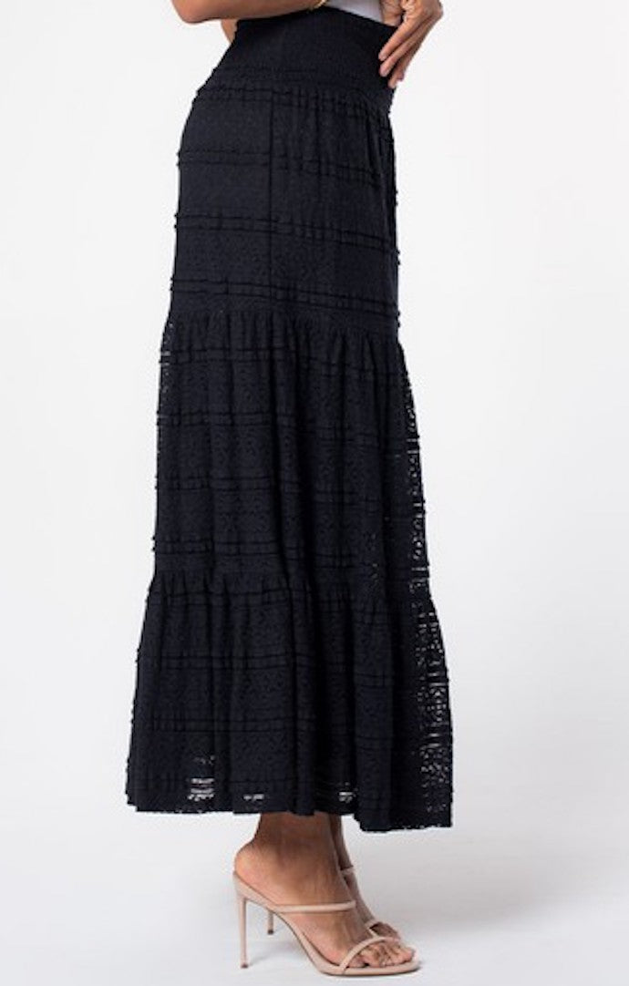 Lovestitch Black Smocked Tiered Lace Maxi Skirt