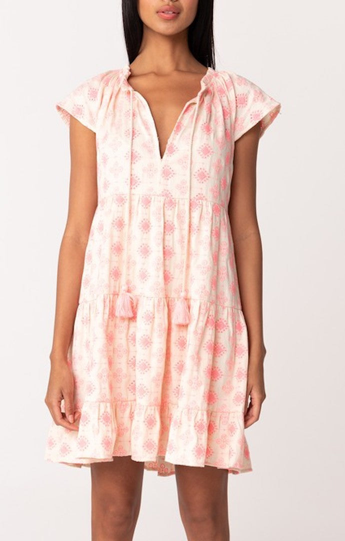 Lovestitch Natural And Pink Flutter Sleeve Tiered Mini Dress