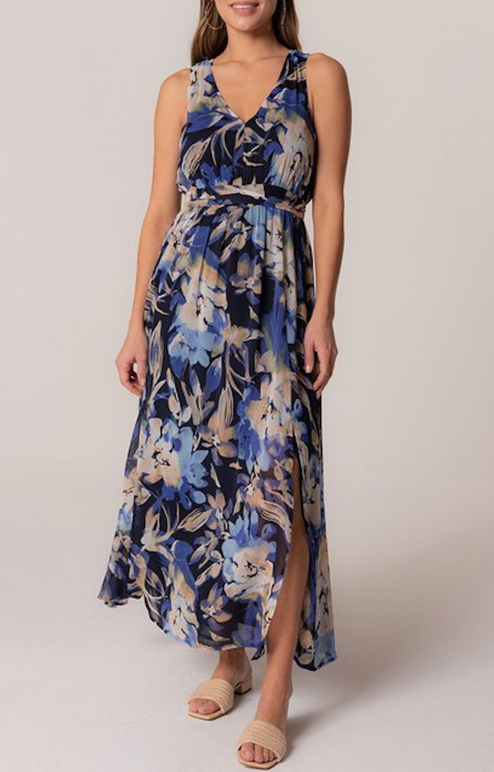 Lovestitch Navy Multi V-Neck Side Slit Maxi Dress 