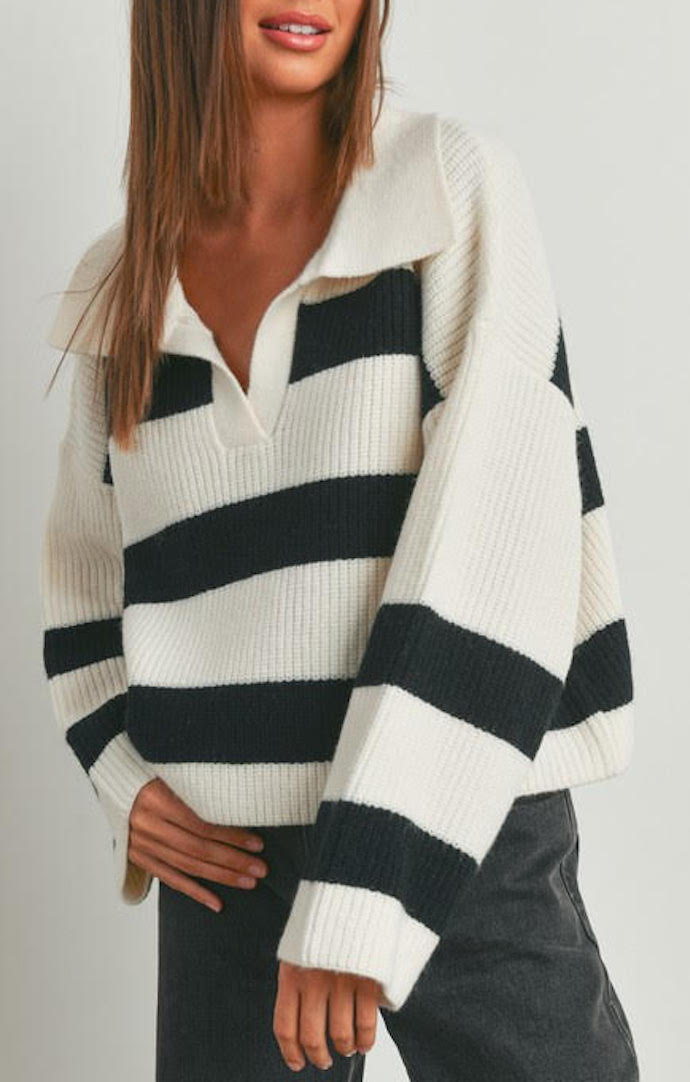 Buttermelon Ivory/Black Striped V-Neck Sweater