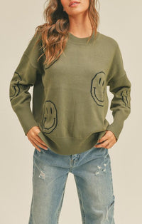 Miou Muse Olive Smile Pattern Sweater