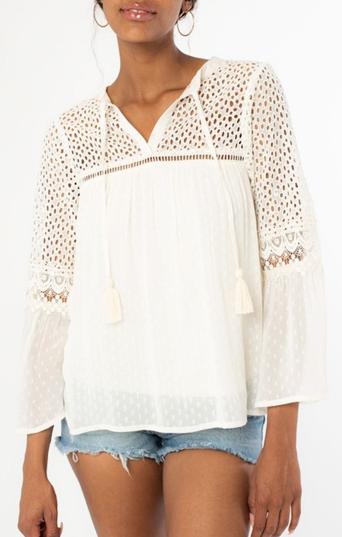 Lovestitch Off White Mesh Bell Sleeve Top