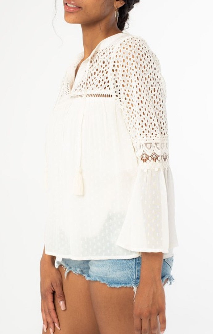 Lovestitch Off White Mesh Bell Sleeve Top