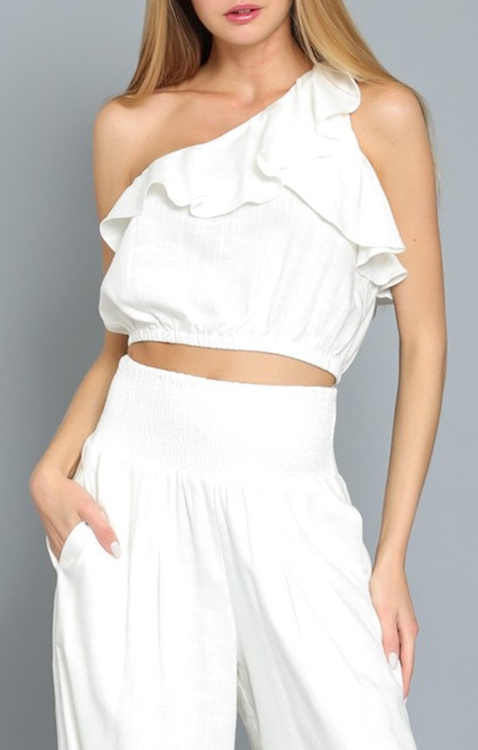 Maye White One Shoulder Crop Top