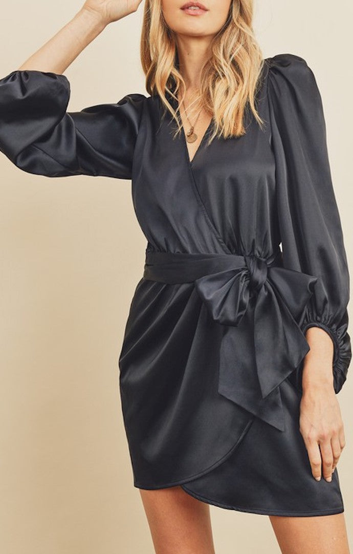 Karissa Black Satin Shoulder Wrap Mini Dress