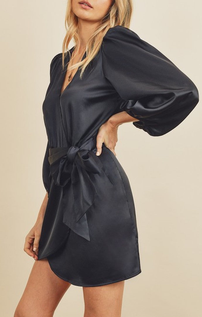 Karissa Black Satin Shoulder Wrap Mini Dress