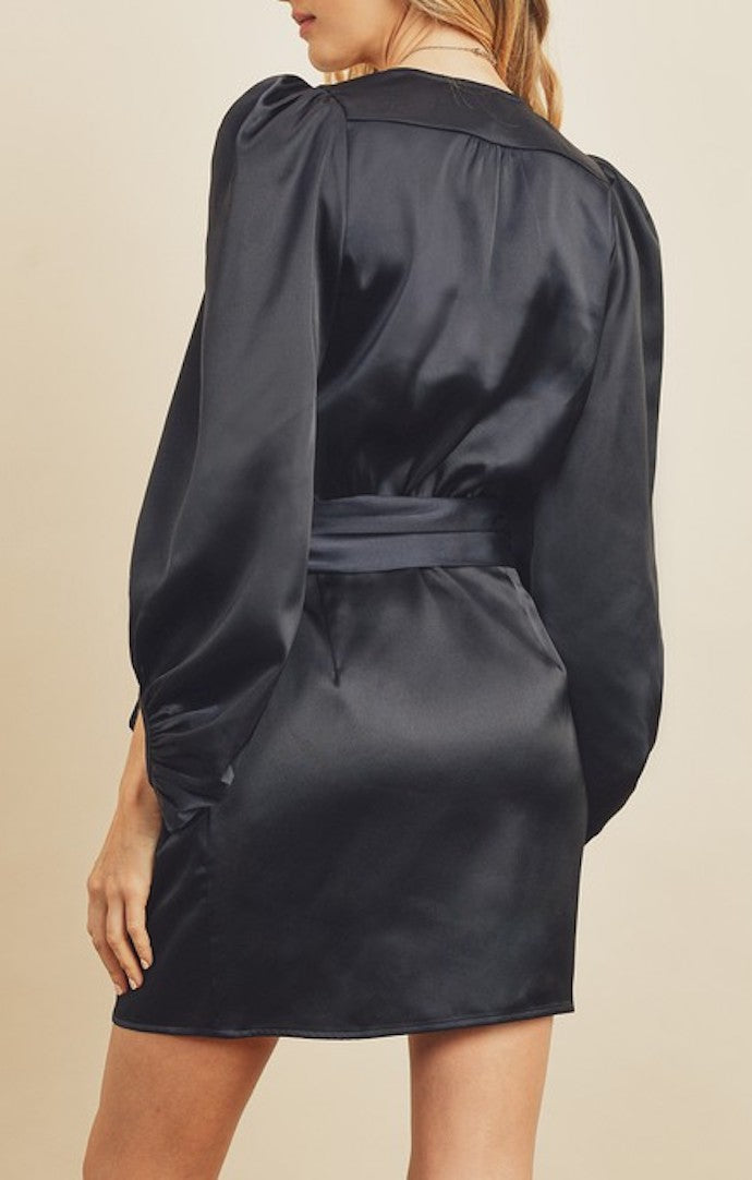 Karissa Black Satin Shoulder Wrap Mini Dress