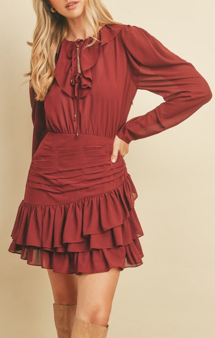 Remi Burgundy Ruffle Ruched Mini Dress