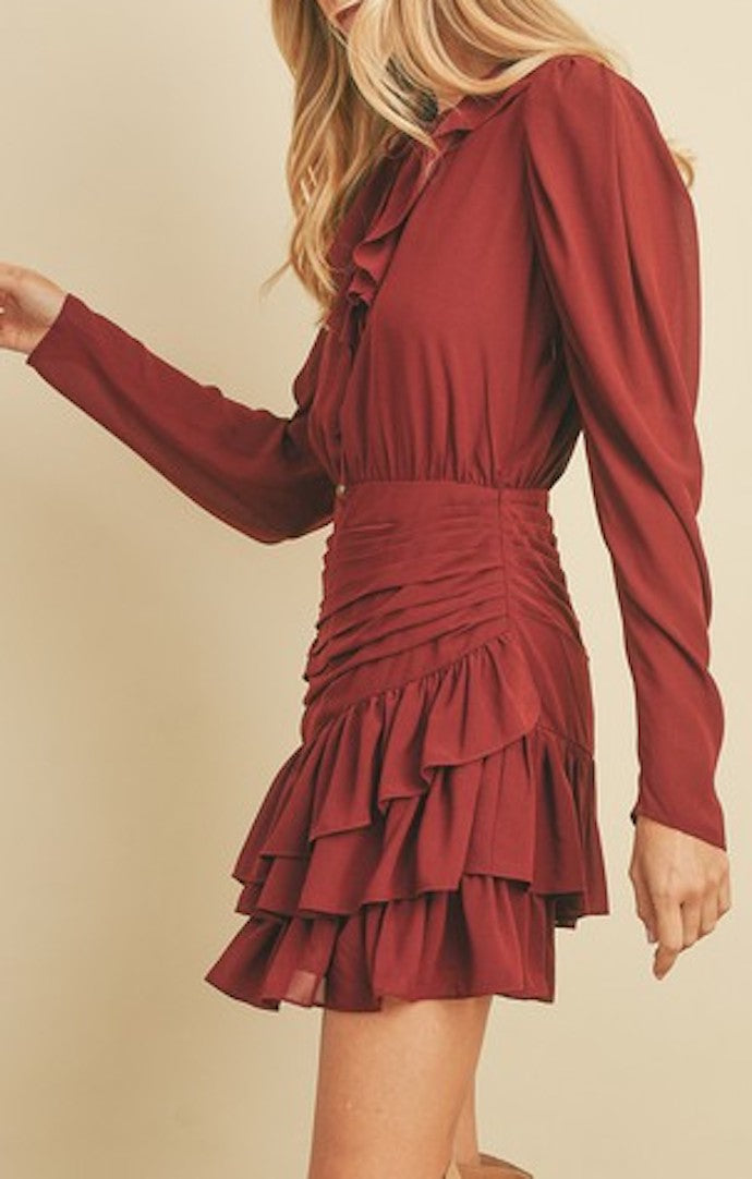 Remi Burgundy Ruffle Ruched Mini Dress