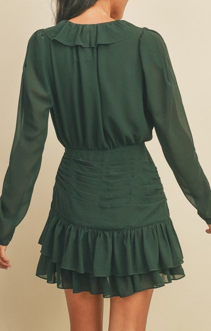 Remi Hunter Green Ruffle Ruched Mini Dress