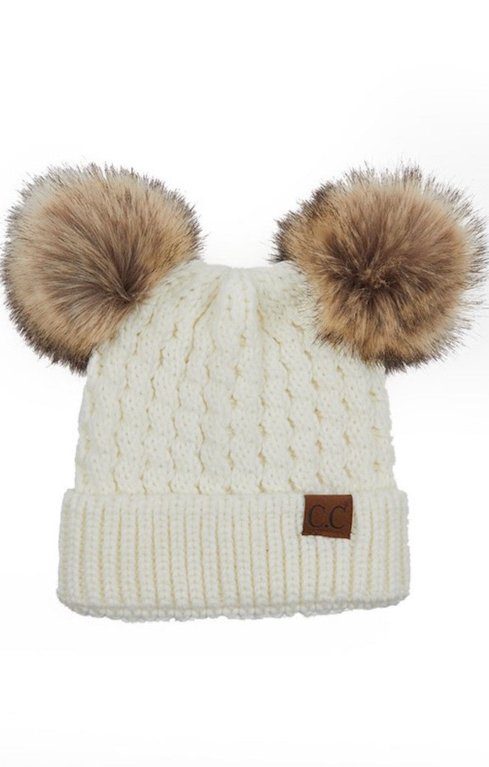 Simone Ivory Double Pom Pom Cable Beanie