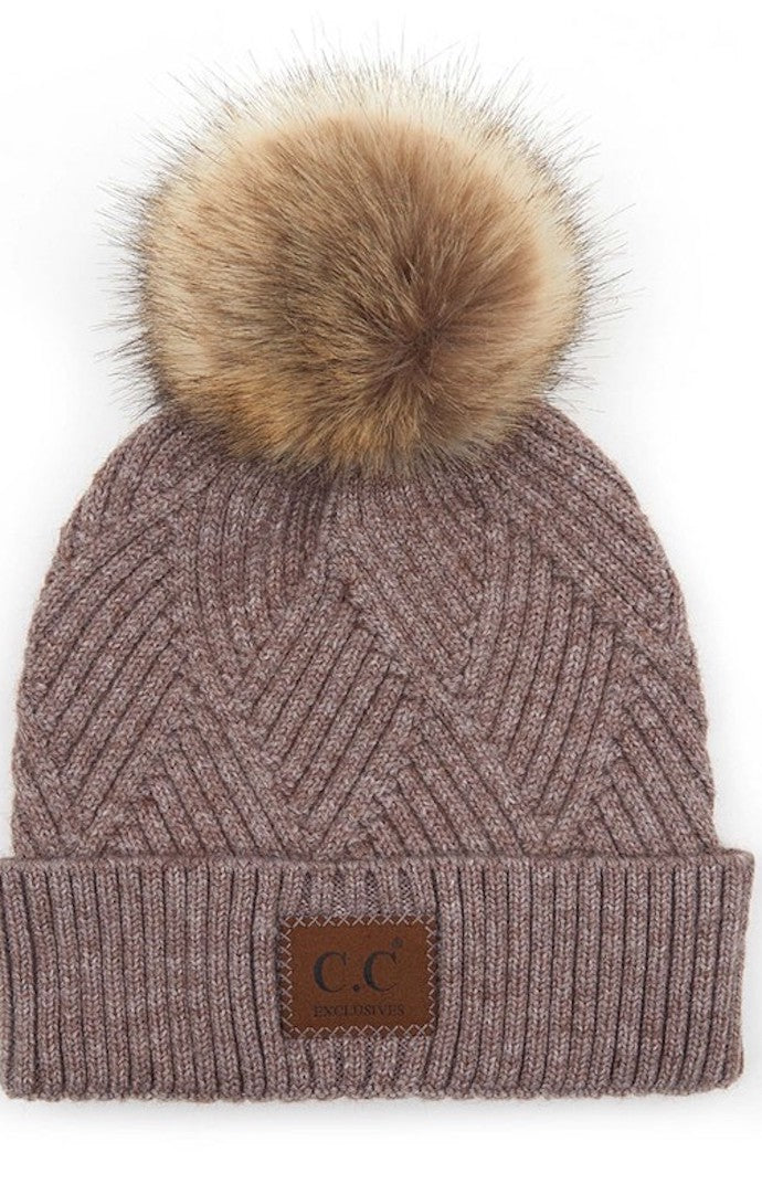 Kenzie Light Taupe Heather Beanie Pom Hat