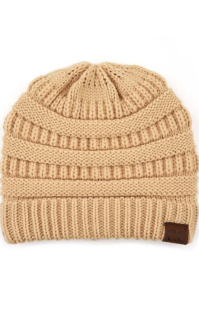 Vella Beige Solid Cable Knit Beanie