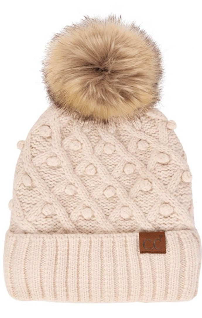 Ava Beige Textured Knit Pom Pom Beanie