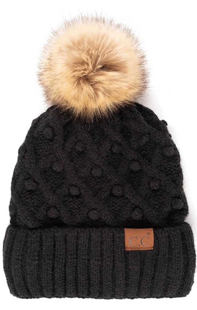 Ava Black Textured Knit Pom Pom Beanie